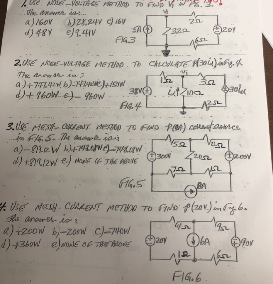 ve NODE-VOLTAGE METHOD TO FIND V W 16.30 the answer is. a)160v. b) 28.240 C) 16V d) 48 €)9.41V SA 23ze Szov FIG.3 Du asz 2.US