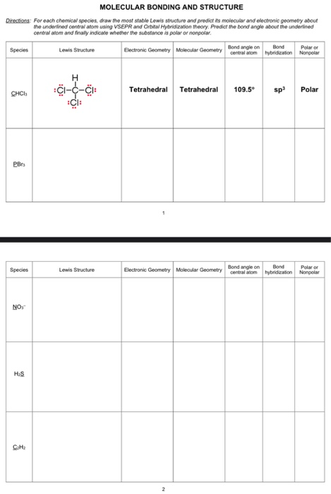 MOLECULAR BONDING AND STRUCTURE Directions: For each chemical species, draw the most stable Lewis structure and predict its m