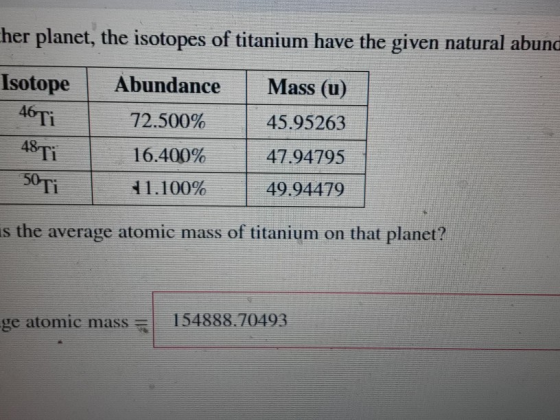 her planet, the isotopes of titanium have the given natural abund Mass (u) Abundance Isotope 46TI 48TI 45.95263 72.500% 47.94