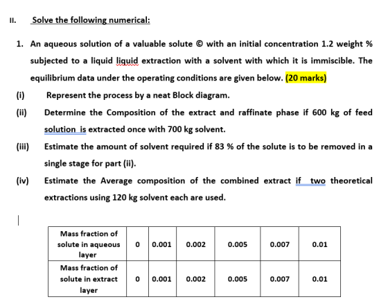 II. Solve the following numerical: 1. An aqueous solution of a valuable solute © with an initial concentration 1.2 weight % s