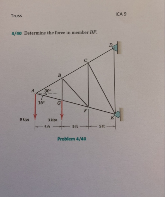 Truss ICA 9 4/40 Determine the force in member BF. 30° 15° 9 kips 3 kips 54 st to st Problem 4/40