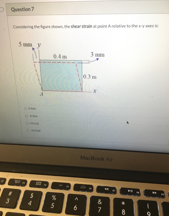 Question 7 Considering the figure shown, the shear strain at point A relative to the x-yaxes is: 5 mm y 0.4 m 3 mm 0.3 m А 0.