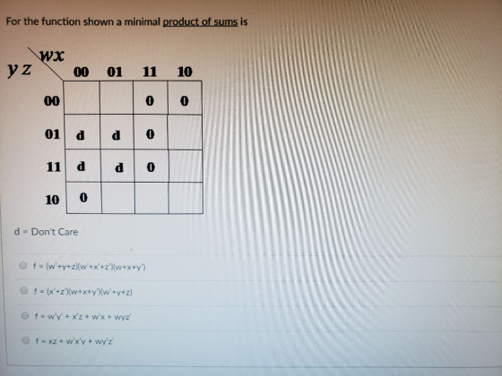 For the function shown a minimal product of sums is WX yz 00 01 11 10 = 28 d do 11 d do d = Dont Care f = (w+y+z)(w+x+z)(w+x+y) Of = (x+z)(w+x+y)(w+y+z) f=wy + xz + WX + wyz Of = x2 + wxy + wyz