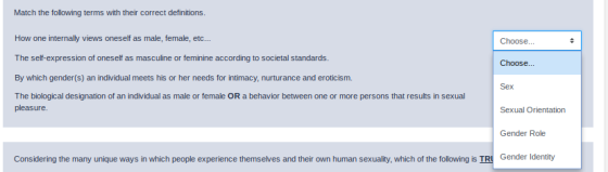 Match the following terms with their correct definitions. How one internally views oneself as male, female, etc... Choose...