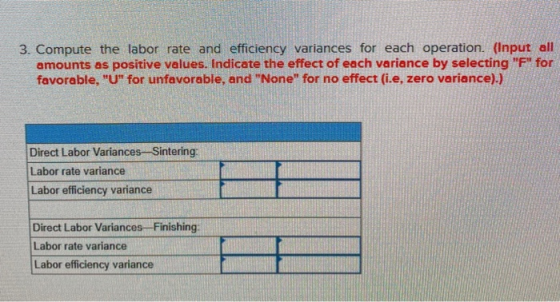 3. Compute the labor rate and efficiency variances for each operation. (Input all amounts as positive values. Indicate the ef