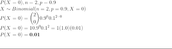 \\ P(X = 0), n = 2, p = 0.9 \\ X \sim Binomial(n = 2, p = 0.9, X = 0) \\ P(X = 0) = \binom{2}{0} 0.9^{0} 0.1^{2-0} \\ P(X = 0) = 1 0.9^{0} 0.1^{2} = 1 (1.0) (0.01) \\ P(X = 0) = \textbf{0.01} \\ \par\noindent\rule{\textwidth}{0.4pt}