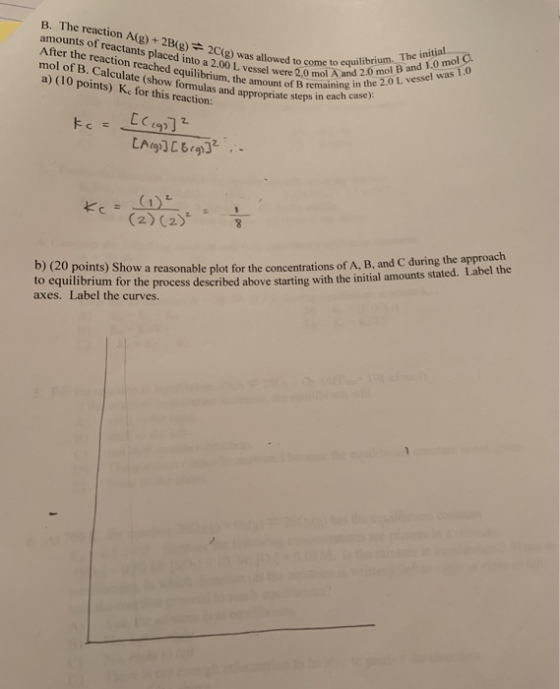 B. The reaction A(g) + 2B(g) 2C(g) was allowed to come to equilibrium. The initial After the reaction reached equilibrium, th
