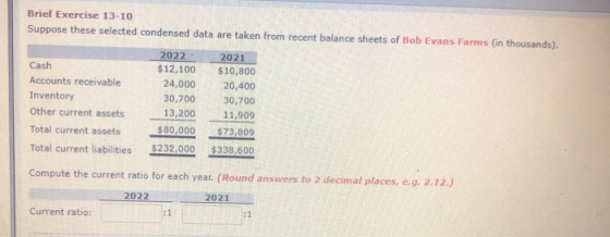 2021 Brief Exercise 13-10 Suppose these selected condensed data are taken from recent balance sheets of Bob Evans Farms (in t