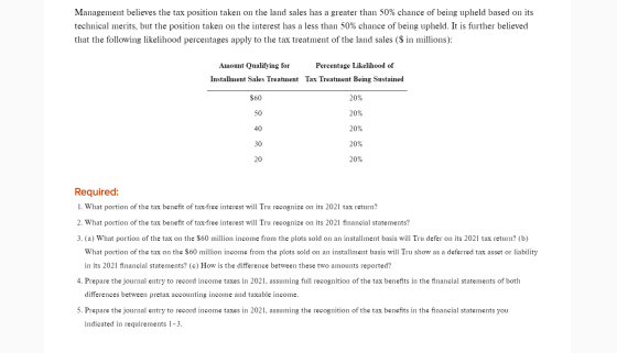 Management believes the tax position taken on the land sales has a greater than 50% chance of being upheld based on its techn