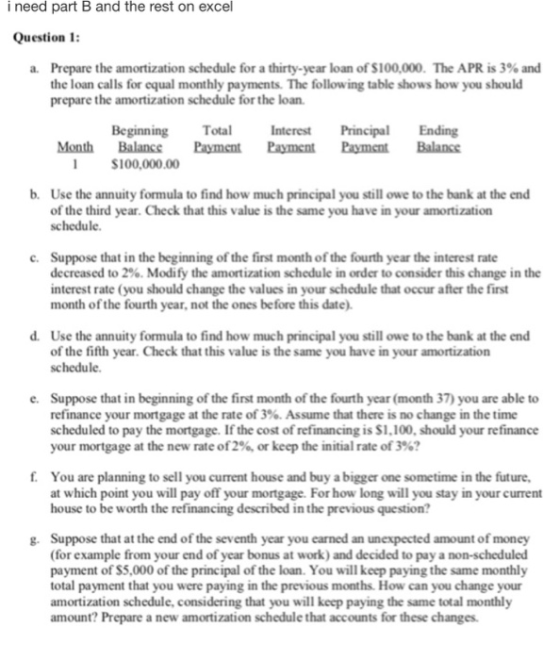 i need part B and the rest on excel Question 1 Prepare the amortization schedule for a thirty-year loan of $100,000. The APR