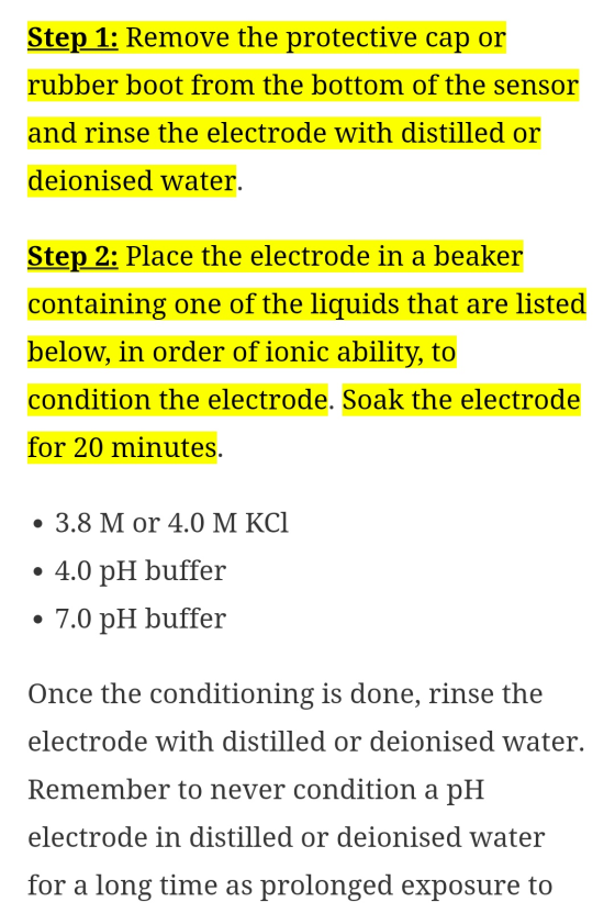 Step 1: Remove the protective cap or rubber boot from the bottom of the sensor and rinse the electrode with distilled or deio