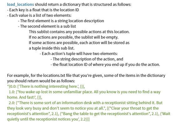 load_locations should return a dictionary that is structured as follows: - Each key is a float that is the location ID - Each