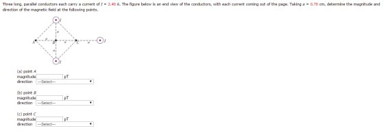 Three long, parallel conductors each carry a curre