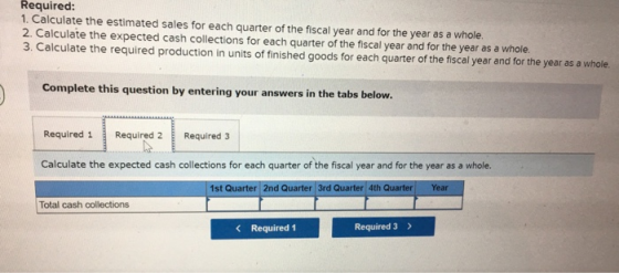 Required: 1. Calculate the estimated sales for each quarter of the fiscal year and for the year as a whole 2. Calculate the expected cash collections for each quarter of the fiscal year and for the year as a whole 3. Calculate the required production in units of finished goods for each quarter of the fiscal year and for the year as a whole Complete this question by entering your answers in the tabs below. Required 1 Required 2 Required 3 Calculate the expected cash collections for each quarter of the fiscal year and for the year as a whole. 1st Quarter 2nd Quarter 3rd Quarter 4th Quarter Year Total cash collections KRequired 1 Required 3>