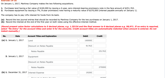 Exercise 14-16 On January 1, 2017, Martinez Company makes the two following acquisitions. 1. Purchases land having a fair val