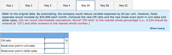 Req 1 Req 2 Req3 Reg 4 Req 5A Req 5B Req 5C Refer to the original data. By automating, the company could reduce variable expe