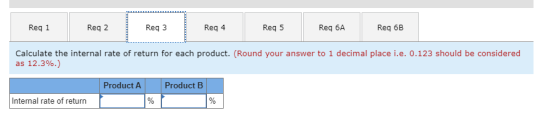 Reg 1 Reg 2 Reg 3 Req3 Rega Reg 5 Rea 5 Reg 6А Reg 6B Calculate the internal rate of return for each product. (Round your ans