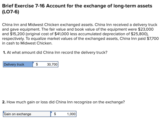Brief Exercise 7-16 Account for the exchange of long-term assets (LO7-6) China Inn and Midwest Chicken exchanged assets. Chin