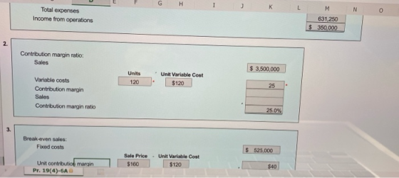 F G H I J K L M N 0 Total expenses Income from operations 631,250 $ 350,000 2. Contribution margin ratio: Sales $ 3,500,000 U