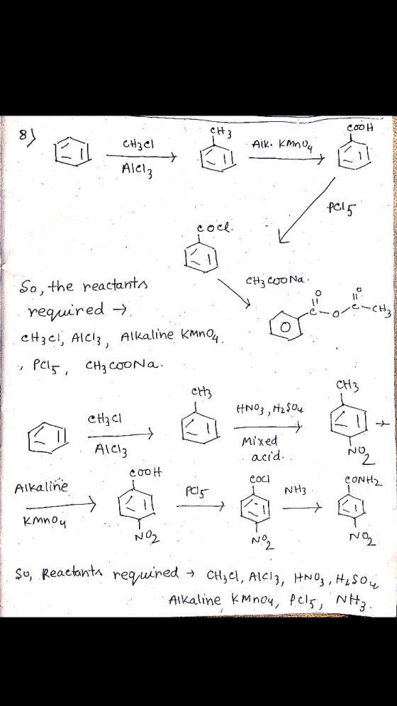 COOH 81 CH₃ Aiki kminga Chzel Ale! pelo cocl CH3 cod Na So, the reactants required → Alkaline kmn04 Peis, CHz Coona. CH₃ cl,
