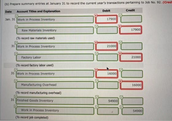 (b) Prepare summary entries at January 31 to record the current years transactions pertaining to Job No. 92. (Cred Date Cred