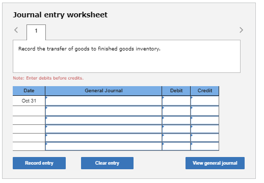 Journal entry worksheet Record the transfer of goods to finished goods inventory. Note: Enter debits before credits Date Gene