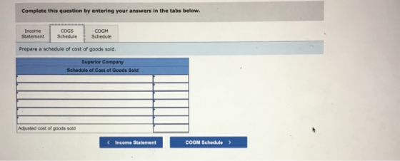 Complete this question by entering your answers in the tabs below. Income Statement COGS Schedule COGM Schedule Prepare a sch