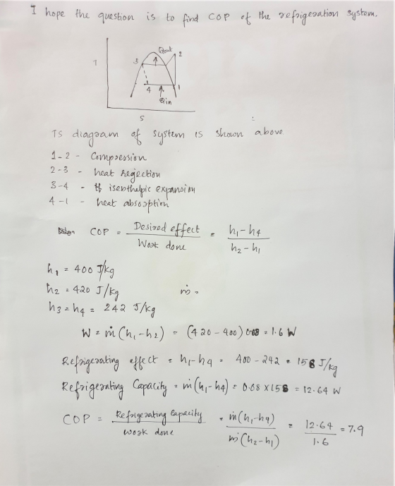 I hope the e question question is is to find to find cop co of the refrigeration system, - - - A Ts diagram of system is show