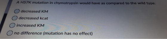 A H57K mutation in chymotrypsin would have as compared to the wild type. decreased KM decreased kcat increased KM O no differ