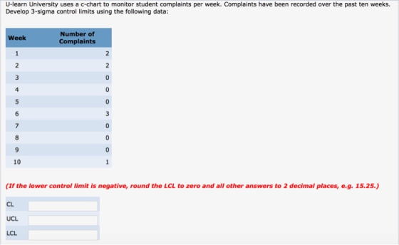 U-learn University uses a c-chart to monitor student complaints per week. Complaints have been recorded over the past ten wee