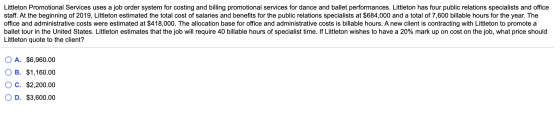 Littleton Promotional Services uses a job order system for costing and billing promotional services for dance and ballet perf