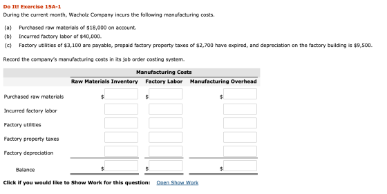 Do It! Exercise 15A-1 During the current month, Wacholz Company incurs the following manufacturing costs. (a) (b) (c) Purchas