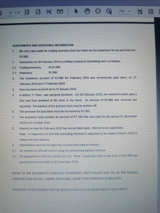 71% 4 / 6 ADJUSTMENTS AND ADDITIONAL INFORMATION 5. 1. No entry was made for trading inventory that was taken by the propriet