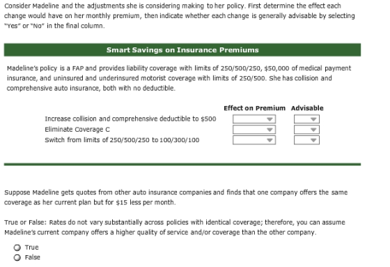 Consider Madeline and the adjustments she is considering making to her policy. First determine the effect each change would h
