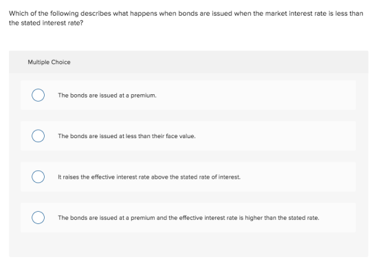 Which of the following describes what happens when bonds are issued when the market interest rate is less than the stated int