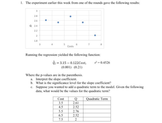 1. The experiment earlier this week from one of the rounds gave the following results: 3 2.8 2.6 Q 2.4 22 2 1.8 3 4 5 6 7 Cos