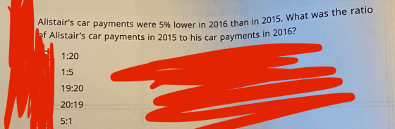 Alistairs car payments were 5% lower in 2016 than in 2015. What was the ratio of Alistairs car payments in 2015 to his car