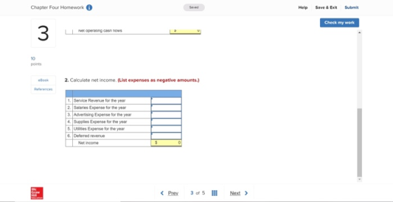 Chapter Four Homework Help Save & Exit Submit Check my work 3 Net operating casnows net operang canzo points eBook 2. Calcula