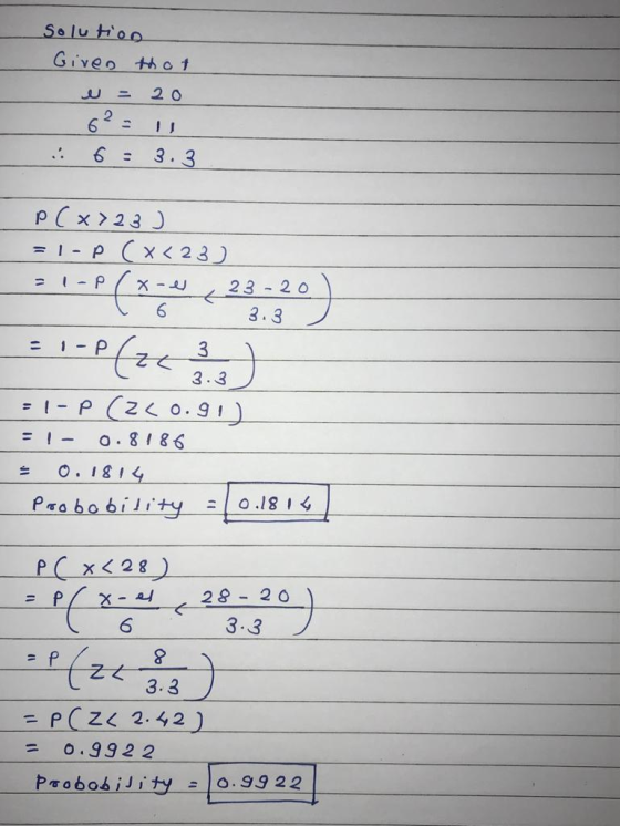 Solution Given that e = 20 : 6= 3.3 P(x > 23 ) = 1- P ( x<23) = 1-PCX-el_23-20 l 6 3.3 = 1-P(ze 3) = 1-P (240.91) = 1- 0.8186