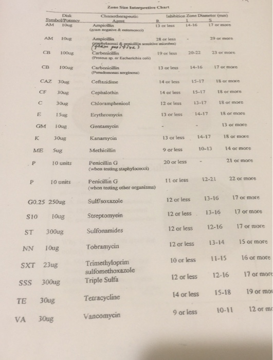 Zone Size Interpretive Chart Inbibition Zone Diametor ( Symbol/Potency AM 1loug 13 or less eram negative AM 1oug 28 or less s