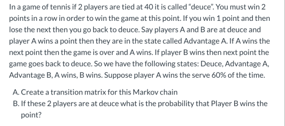In a game of tennis if 2 players are tied at 40 it is called “deuce”. You must win 2 points in a row in order to win the game