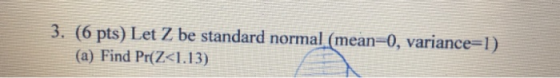 3. (6 pts) Let Z be standard normal,(mean-0, variance-1) (a) Find Pr(Z1.13)