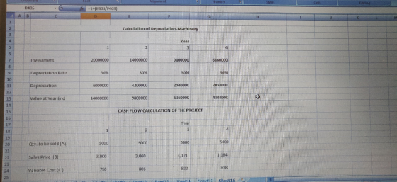 1405 =1+E403/F403) Calculation of Depreciation Machinery Year 2 Investment 20000000 14000000 9800000 6860000 Depreciation Rat