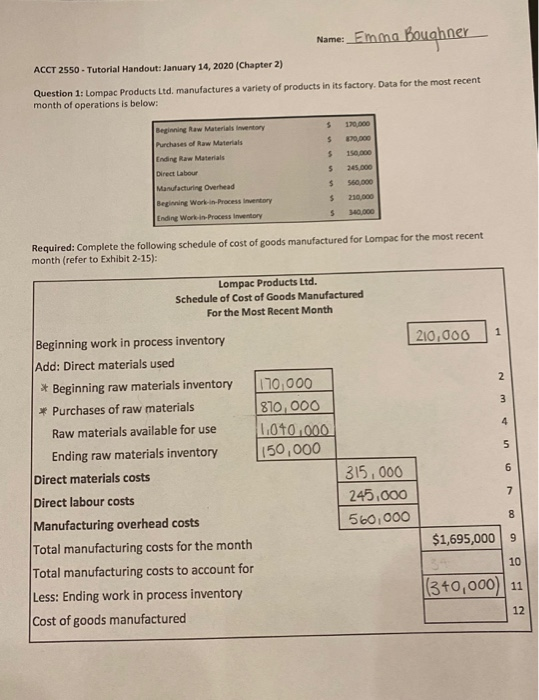 Name: Emma Boughner ACCT 2550 - Tutorial Handout: January 14, 2020 (Chapter 2) Question 1: Lompac Products Ltd. manufactures