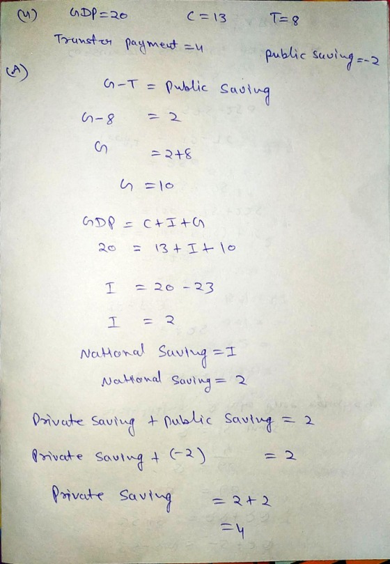 M) GDP = 20 GDP=20 C=13 (= 13 T=& Trunster payment au public saving = -2 G-T = public saving G-8 = 2 G =248 =10 n GDP =C+Ita