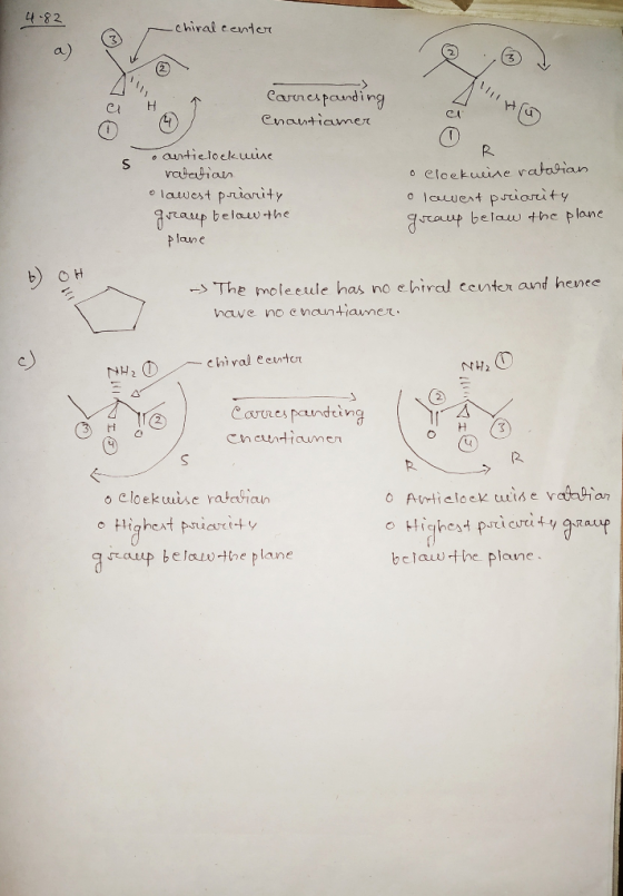 4.82 - chiral center a Carrespanding Chantiamer s o anticlockwire vaatiain o lowest priority group below the plane PR o Cloek