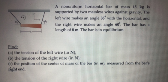 A nonuniform horizontal bar of mass 15 kg is supported by two massless wires against gravity. The left wire makes an angle 35