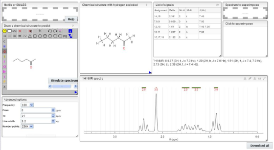 Molfile or SMILES Chemical structure with hydrogen exploded List of signals Assignment Delta NbH Mult 14,15 Spectrum to super
