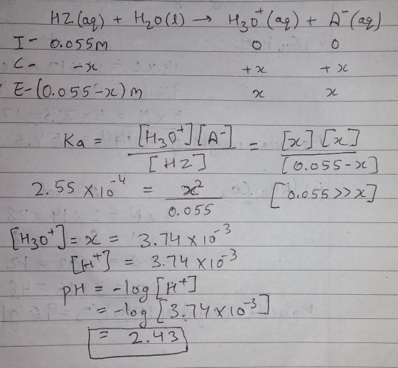 hz(ag)+ H,o() Hgo (a)t A(ay IO.055M ८- -2 t A(ag) 0 +)८ +2L - ए- (७.०55 -24) 0 ८ H,0JA1 [मट] 2৫ 60-5)> 87] Ka 0.055- -५ 2.55