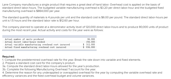 Lane Company manufactures a single product that requires a great deal of hand labor. Overhead cost is applied on the basis of